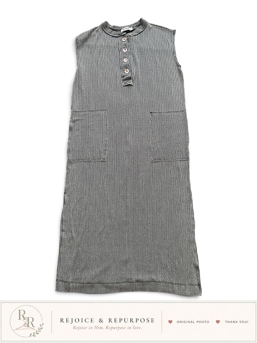 Three Bird Nest XL Washed Charcoal Sleeveless Henley Midi Dress Boho Pockets